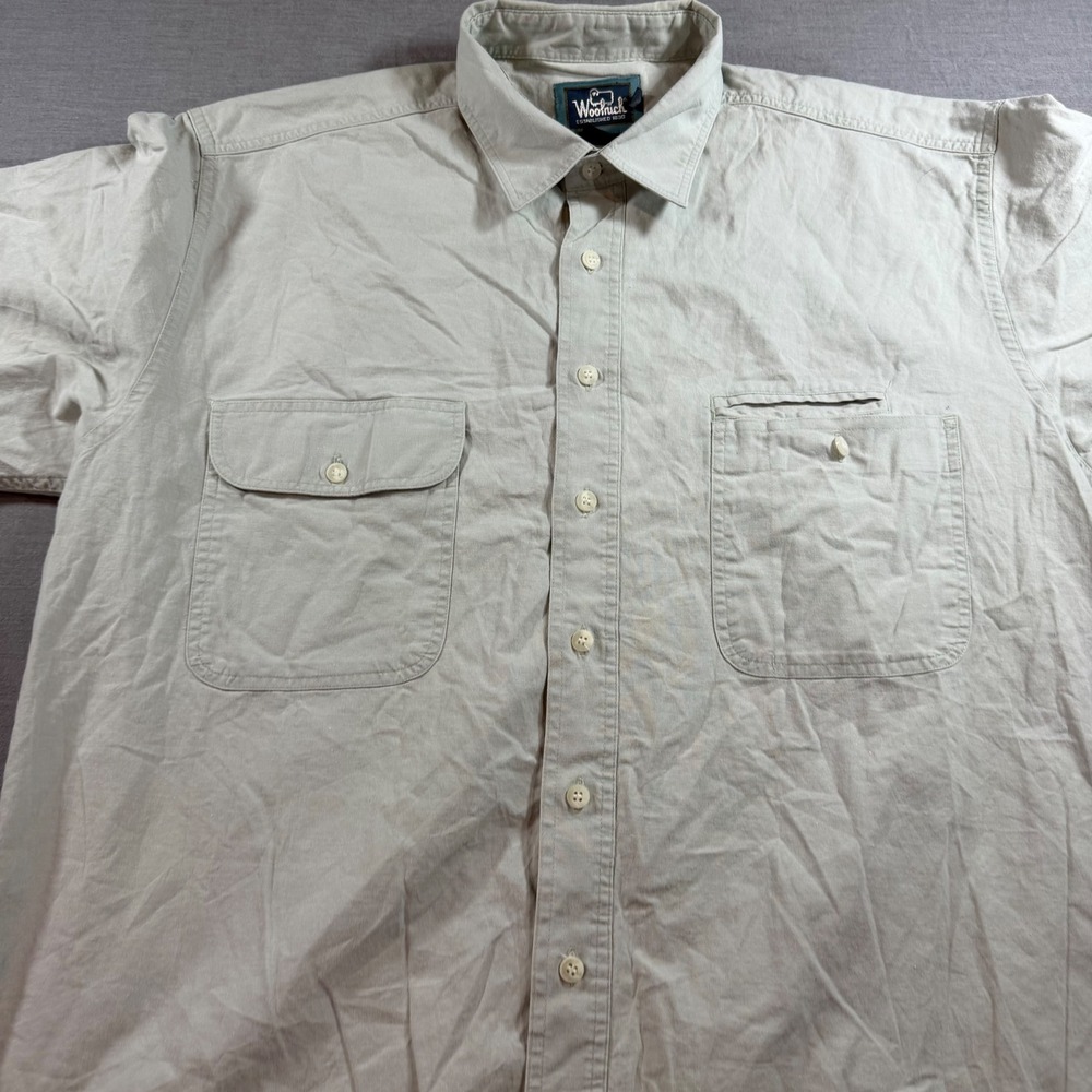 Woolrich Button Down Shirt Mens L Tan Cotton Short Sleeve Utility Pockets EUC - Picture 3 of 8